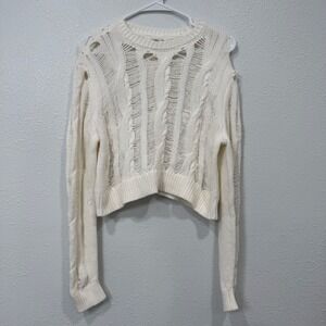 Full Tilt Womens Cream Distressed Cable Knit Cropped Sweater Medium Edgy Boho